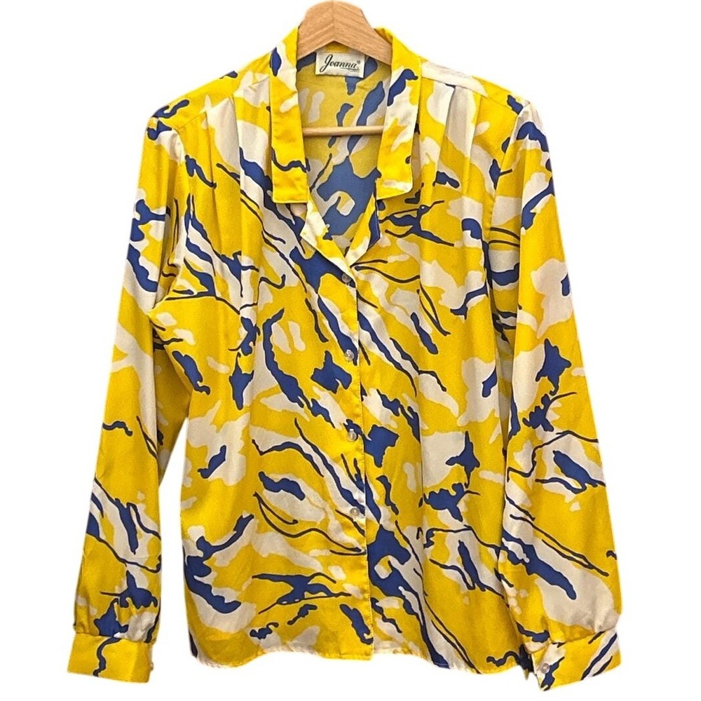 Vintage Joanna Abstract Print Blouse Pop Art Maximalist Yellow Blue Size 12